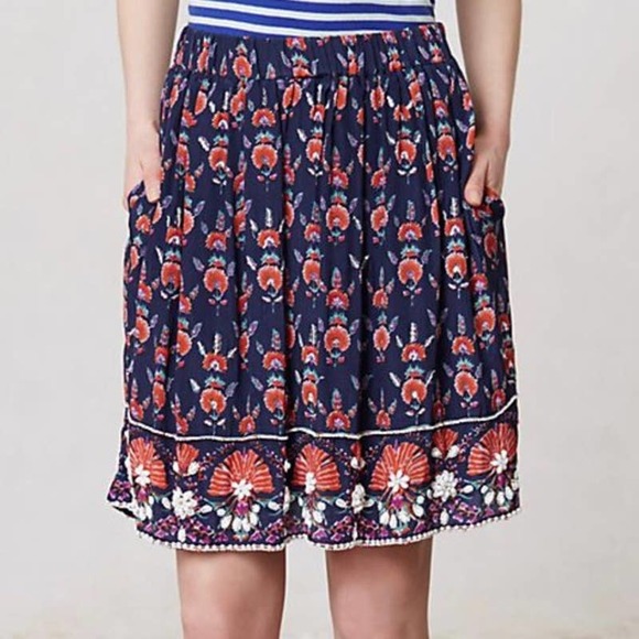 Maeve Dresses & Skirts - MAEVE Adella Beaded Blue Floral Midi Skirt Small